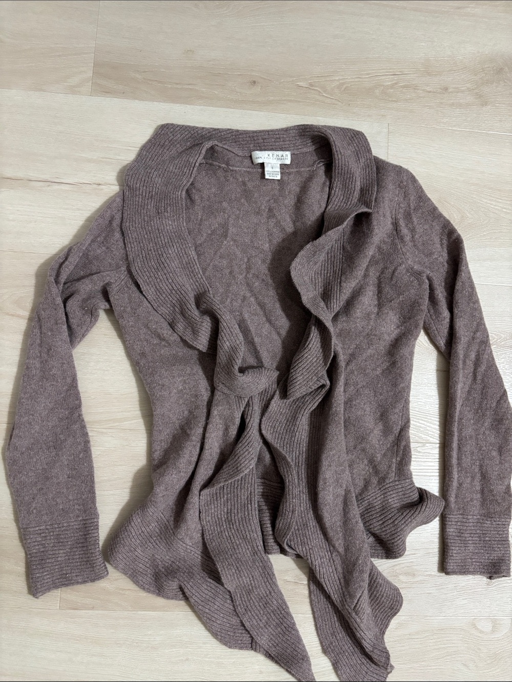 Kenar 100% 2-PLY Cashmere light brown Taupe Ruffle-Trim Open Front Cardigan S